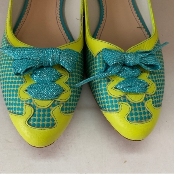 Maloles Anthropologie Yellow & Turquoise w/Lace-Up detail Flats Size 39 - Picture 2 of 8